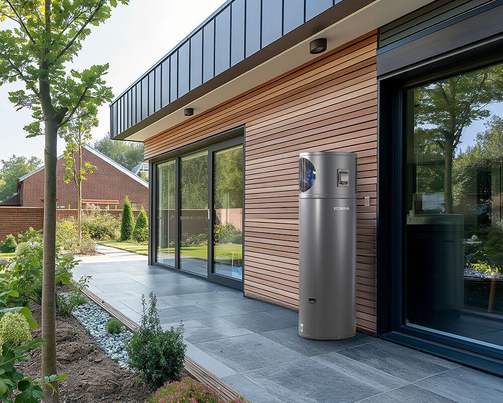 Modern heat pump unit installed beside a home